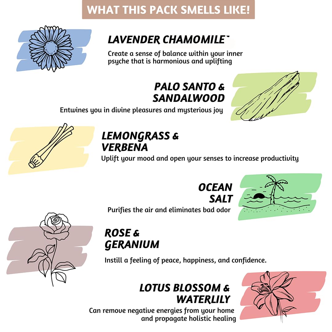 Folkulture Incense Sticks Set of 6 (120 Sticks) Non Toxic Palo Santo Insence Sticks 45 Mins Burn Time Sandalwood Incenses, Lemongrass, Rose Geranium Organic Inscents Sticks for Home