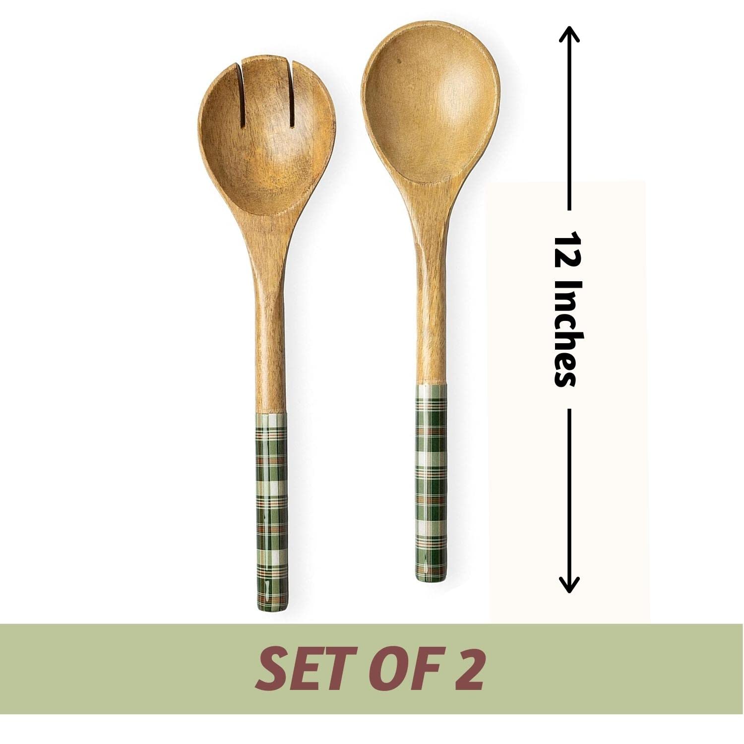 Folkulture Wooden Salad Server Green Checks