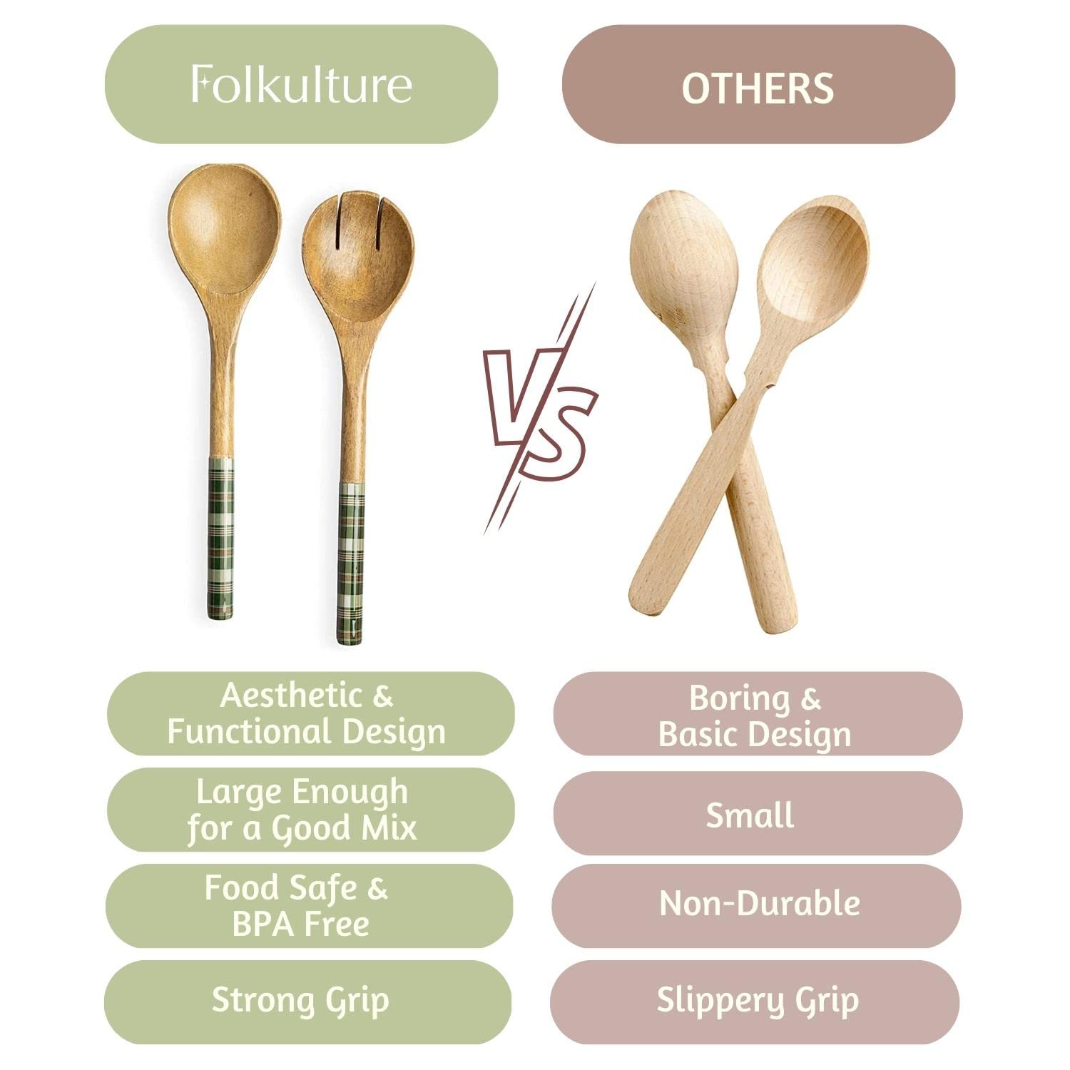 Folkulture Wooden Salad Server Green Checks