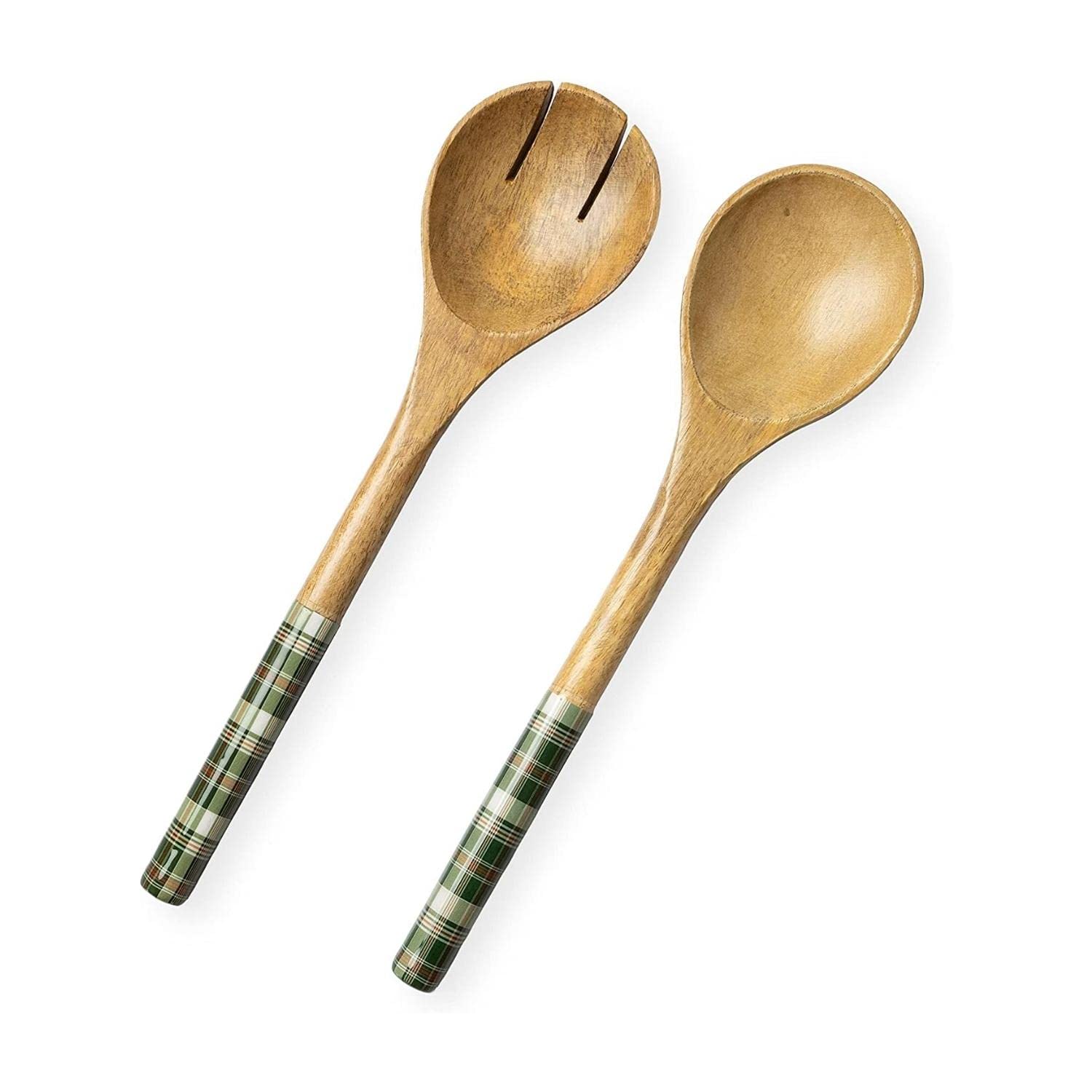 Folkulture Wooden Salad Server Green Checks