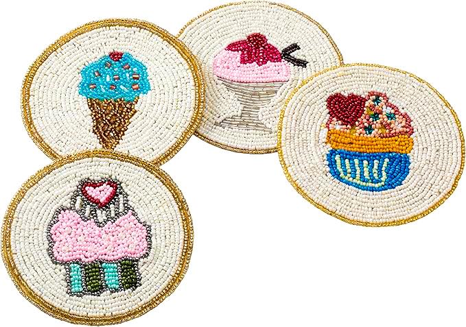 Folkulture Set of 4 Beaded Coasters 4" Round - Sugar Rush