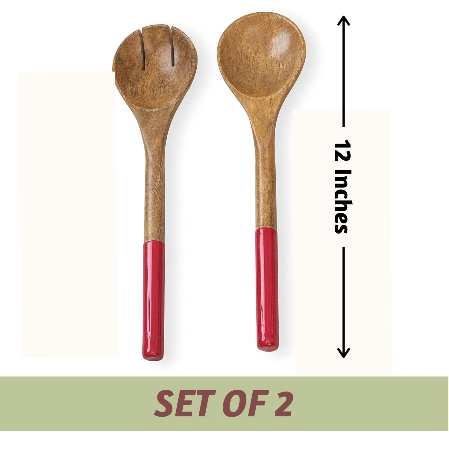 Folkulture Wooden Salad Server Red Enamel