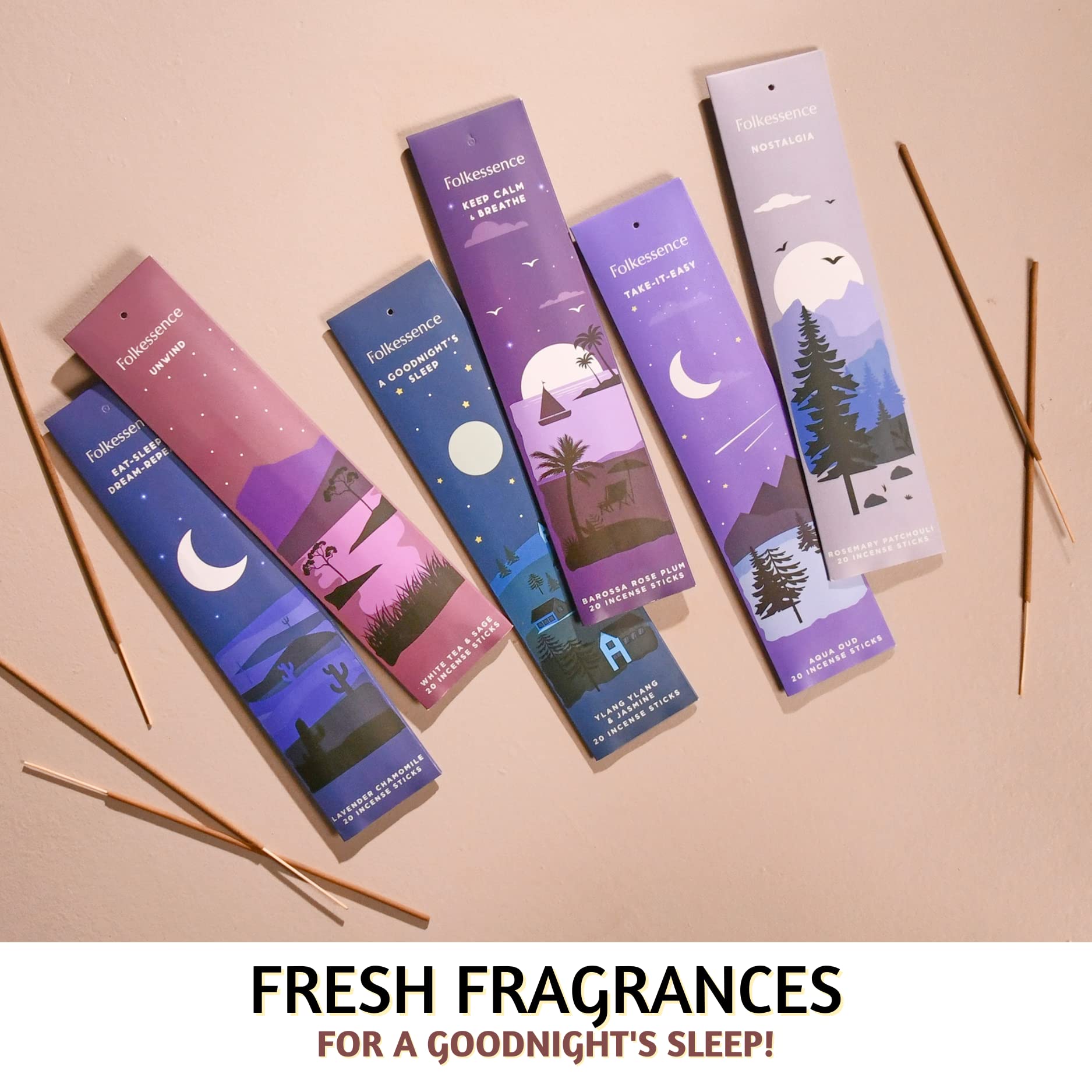 Folkulture Incense Sticks Set of 6 (120 Non Toxic-Stick) 45 Mins Burn Time Rosemary, Jasmine, Lavender and Sage Inscents Stick Organic Sleep Incense Insence Sticks Variety Pack
