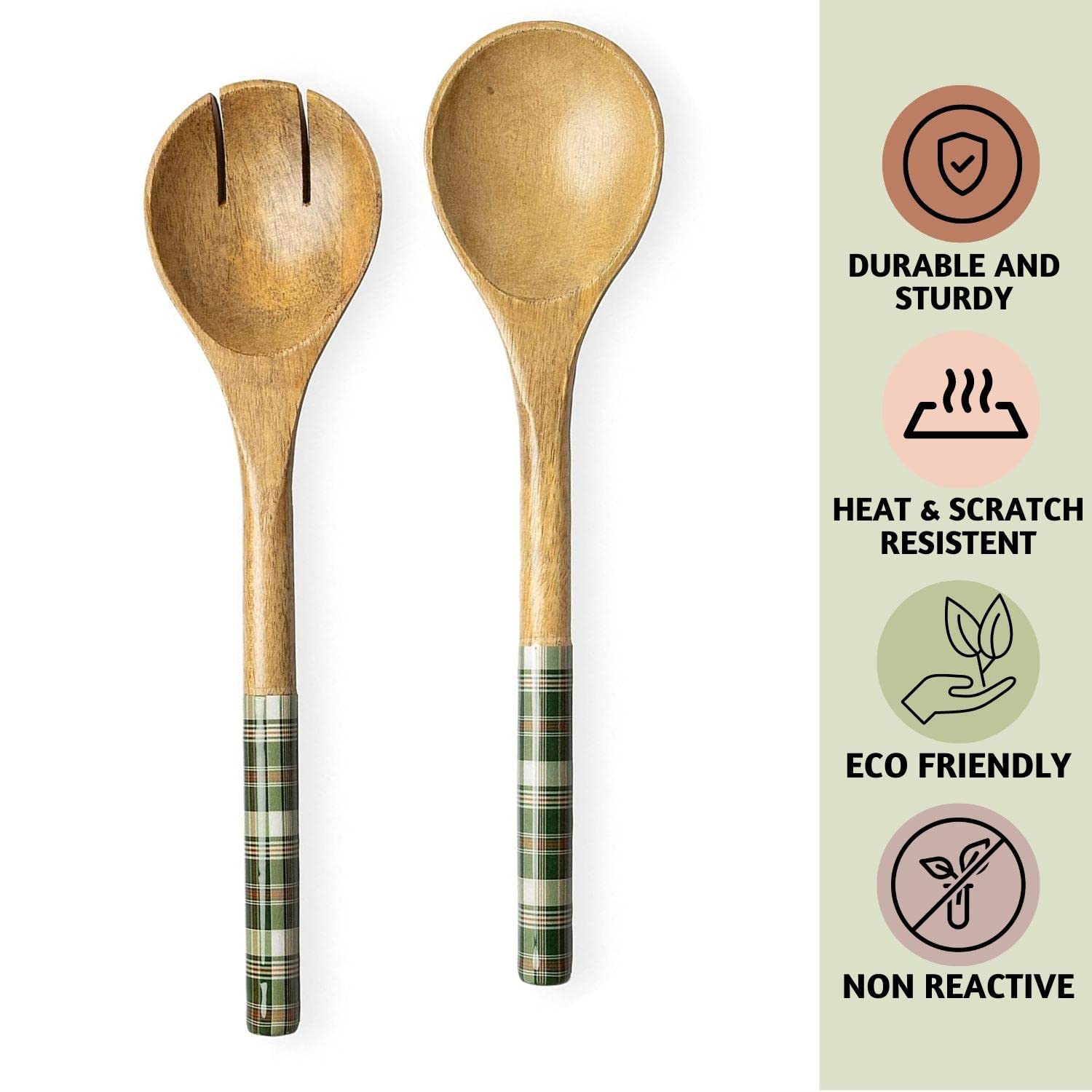 Folkulture Wooden Salad Server Green Checks