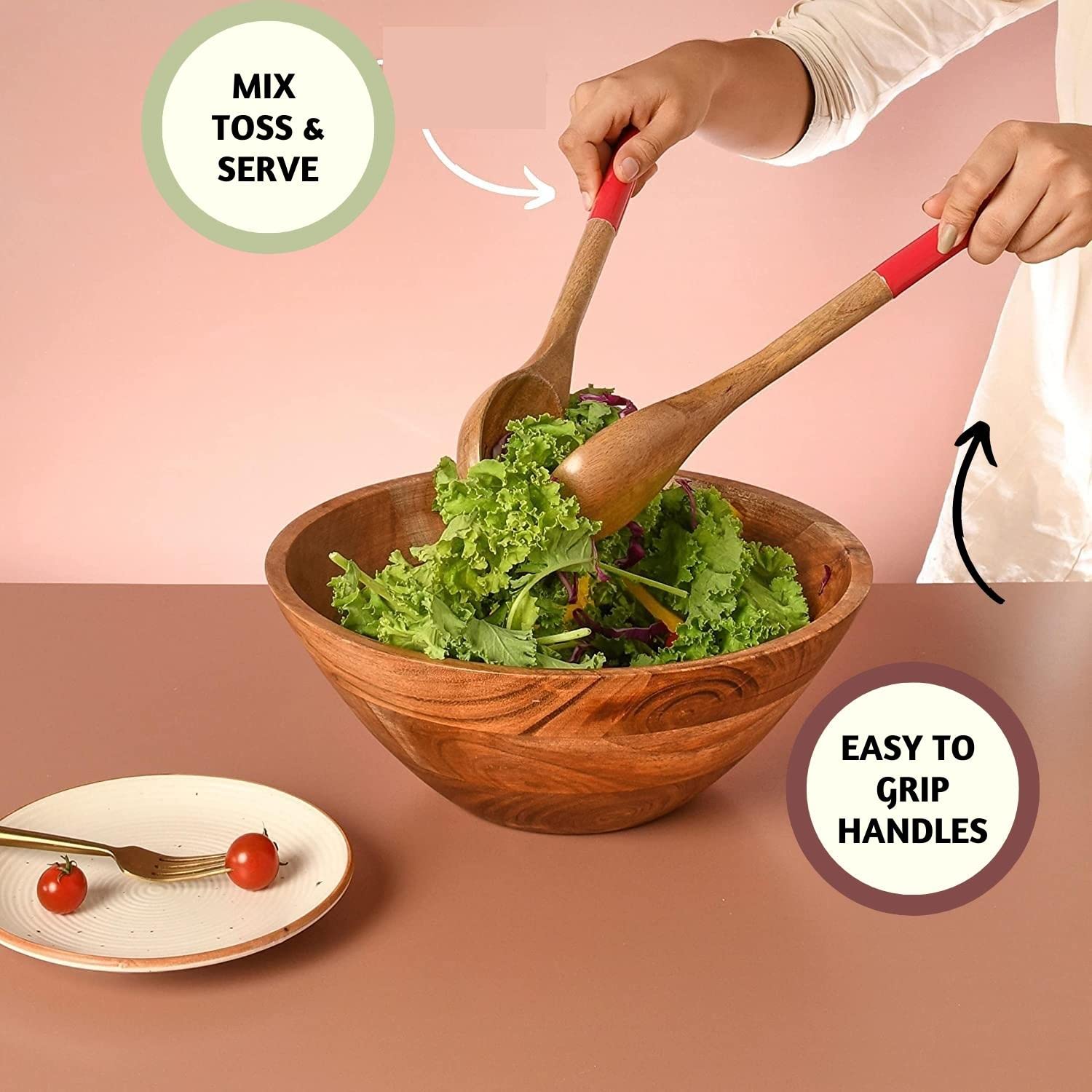 Folkulture Wooden Salad Server Red Enamel