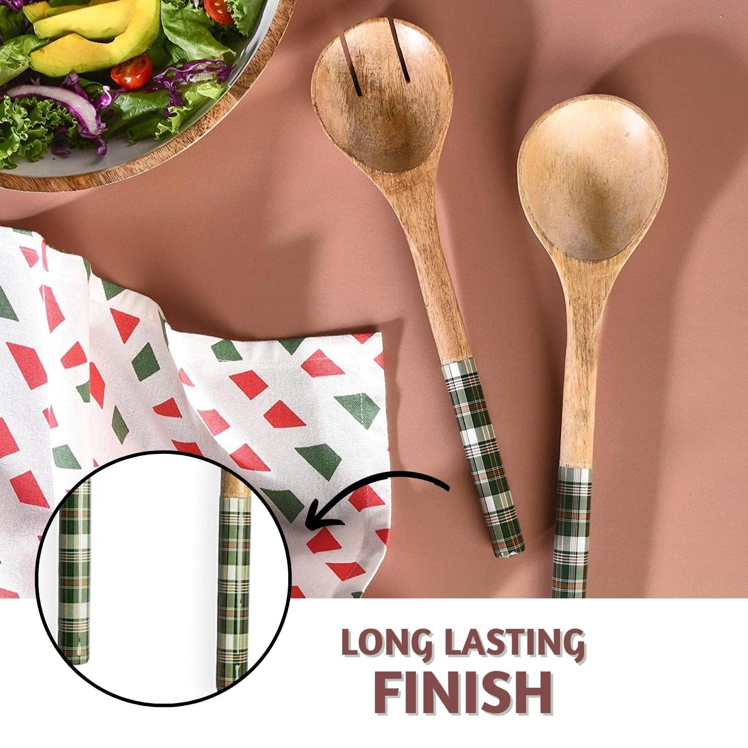 Folkulture Wooden Salad Server Green Checks