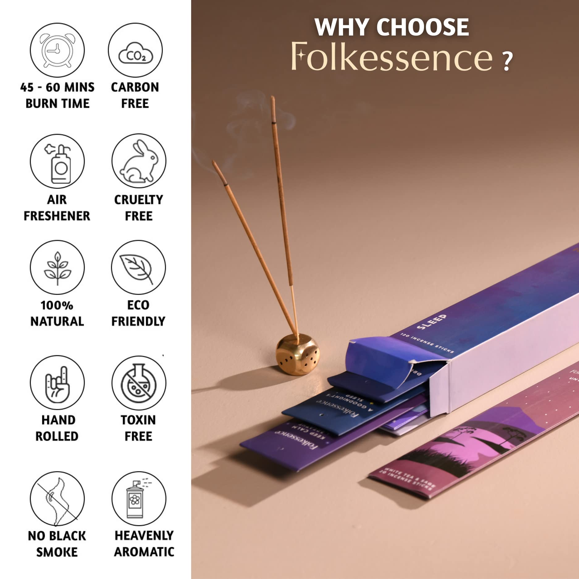 Folkulture Incense Sticks Set of 6 (120 Non Toxic-Stick) 45 Mins Burn Time Rosemary, Jasmine, Lavender and Sage Inscents Stick Organic Sleep Incense Insence Sticks Variety Pack