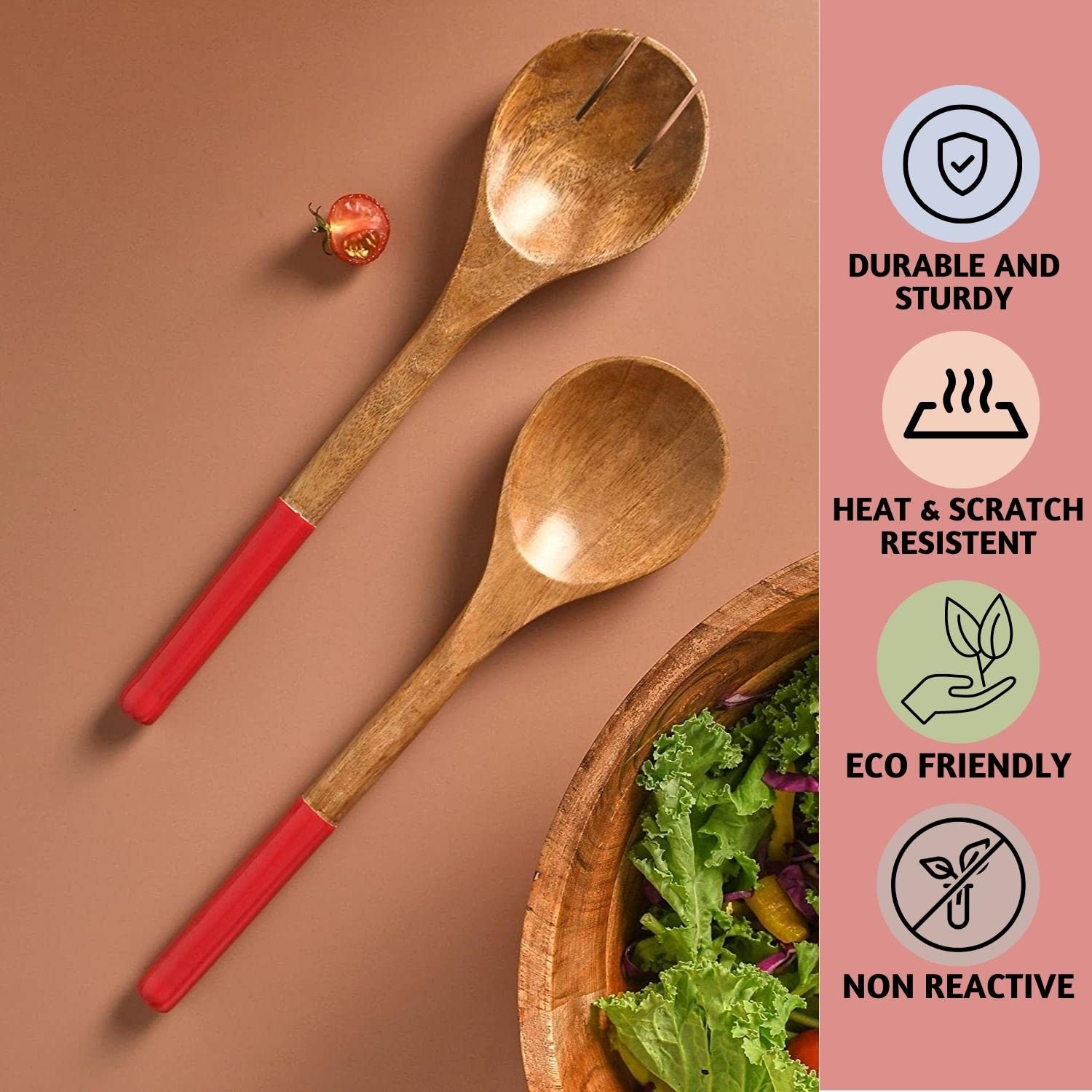 Folkulture Wooden Salad Server Red Enamel