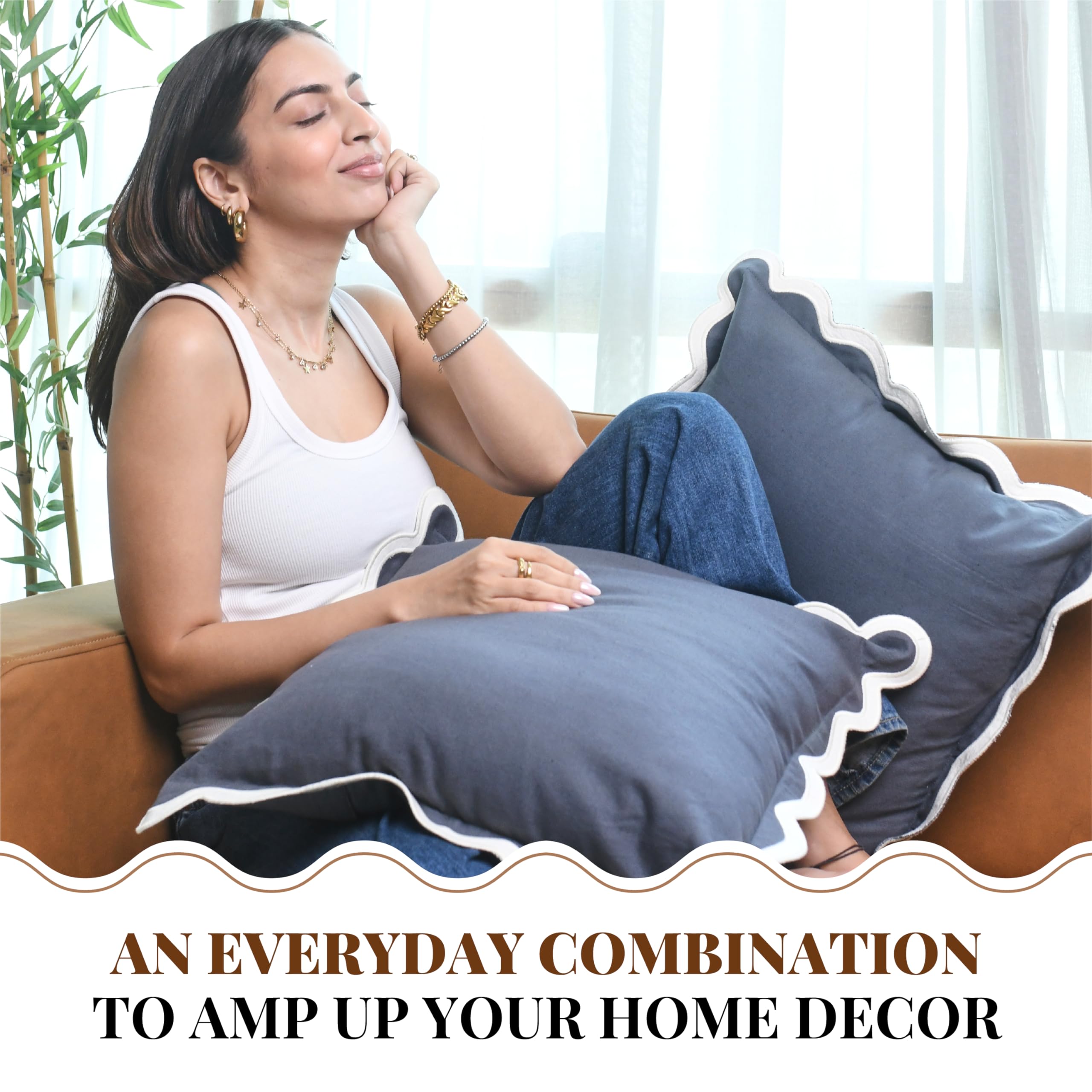 Folkulture 20" X 20" Set of 2 Cushion Cover Scallop Embroidery Oasis Slate Gray