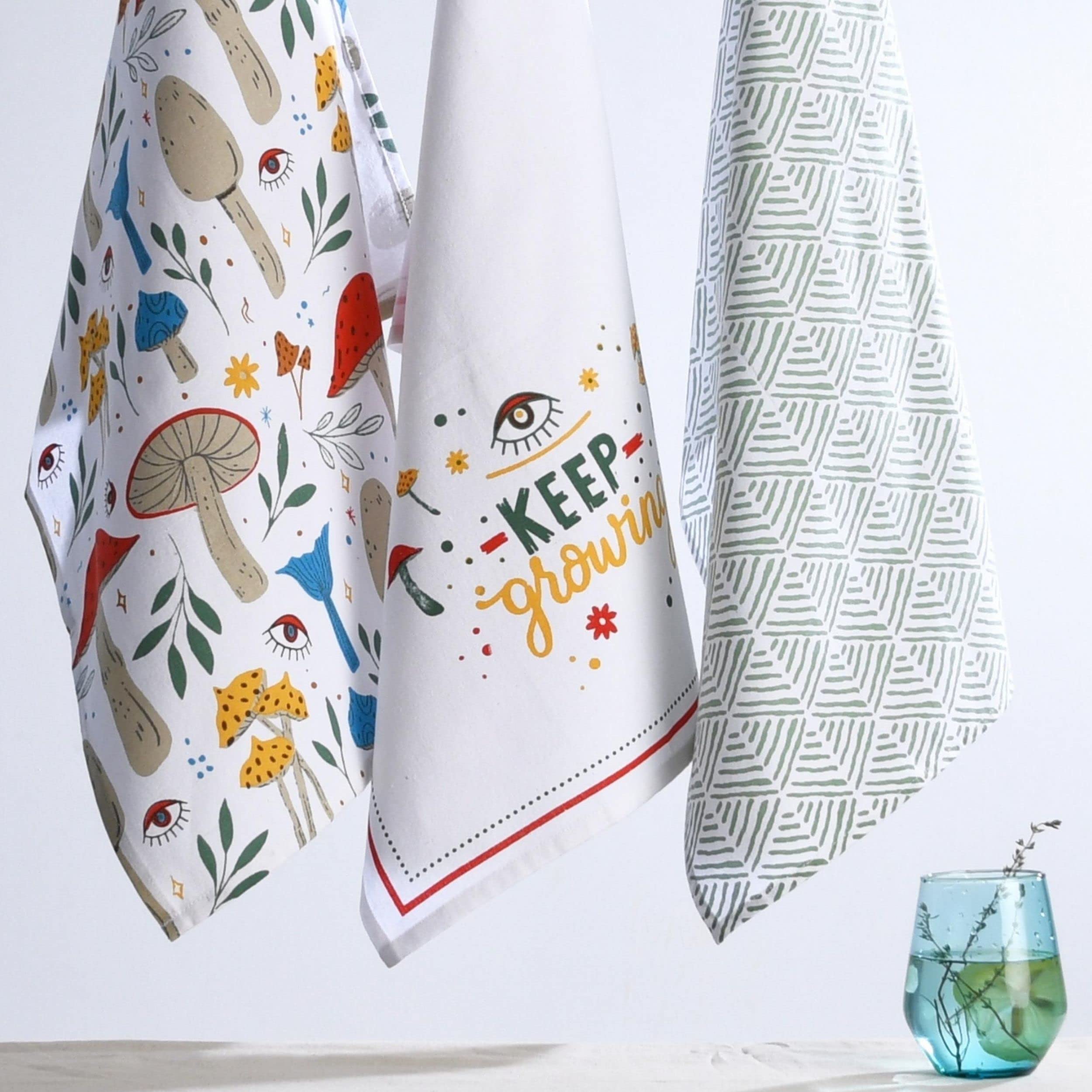 Folkulture Set of 3 Kitchen Towel 100% Recycled Cotton Magic Mushroom 20" x 26"