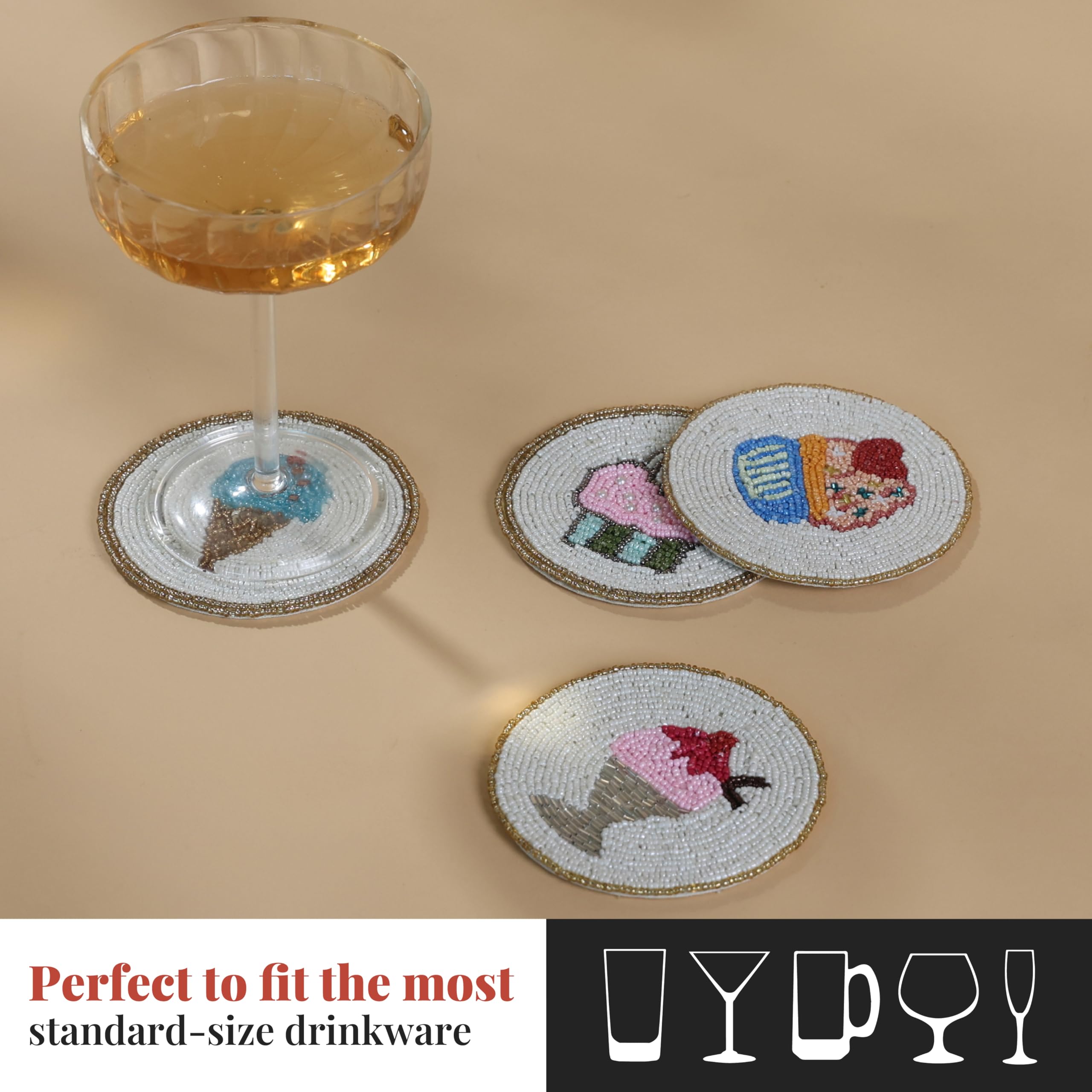 Folkulture Set of 4 Beaded Coasters 4" Round - Sugar Rush