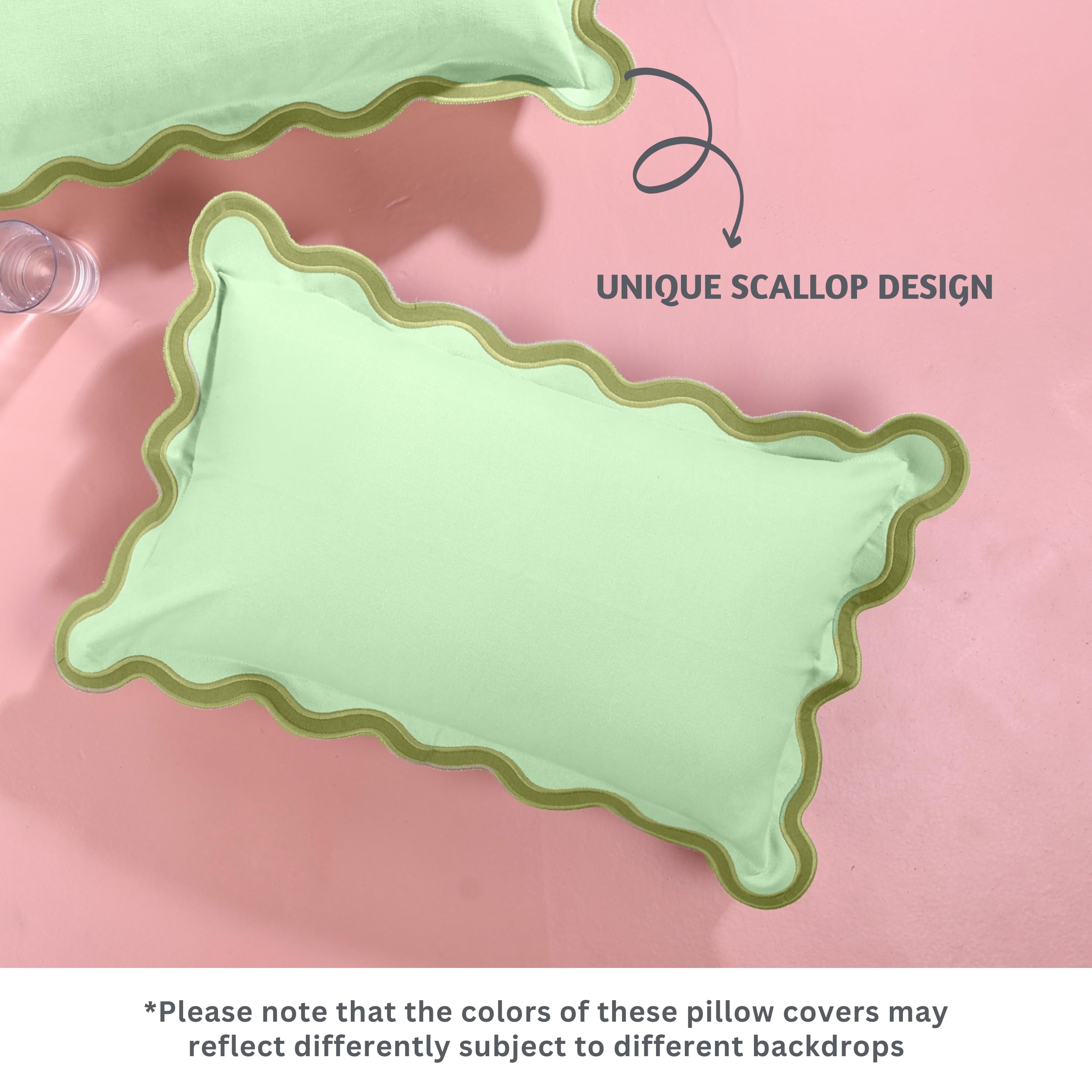 Folkulture 12 X 20" Set of 2 Cushion Cover Scallop Embroidery Oasis Forest Sage