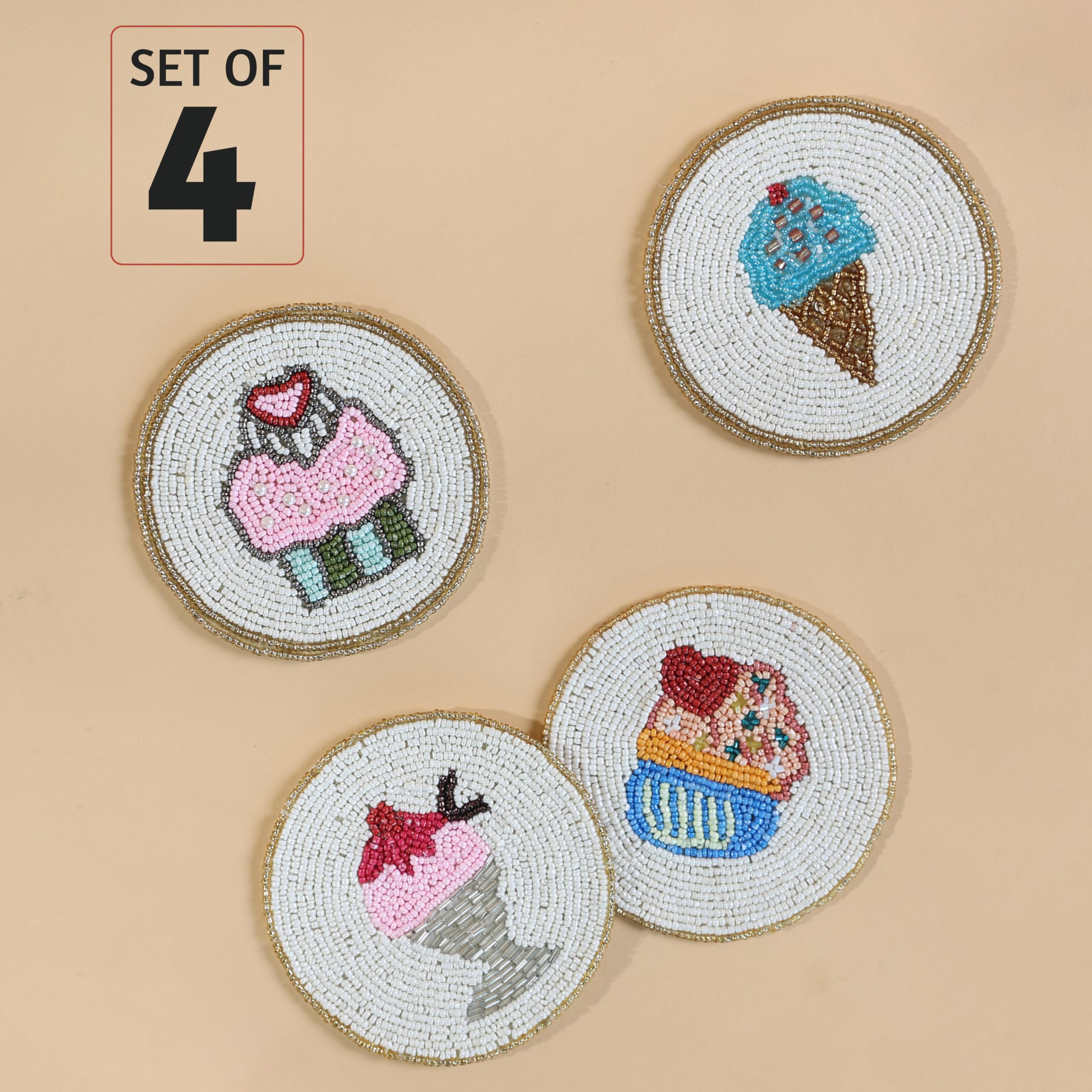 Folkulture Set of 4 Beaded Coasters 4" Round - Sugar Rush