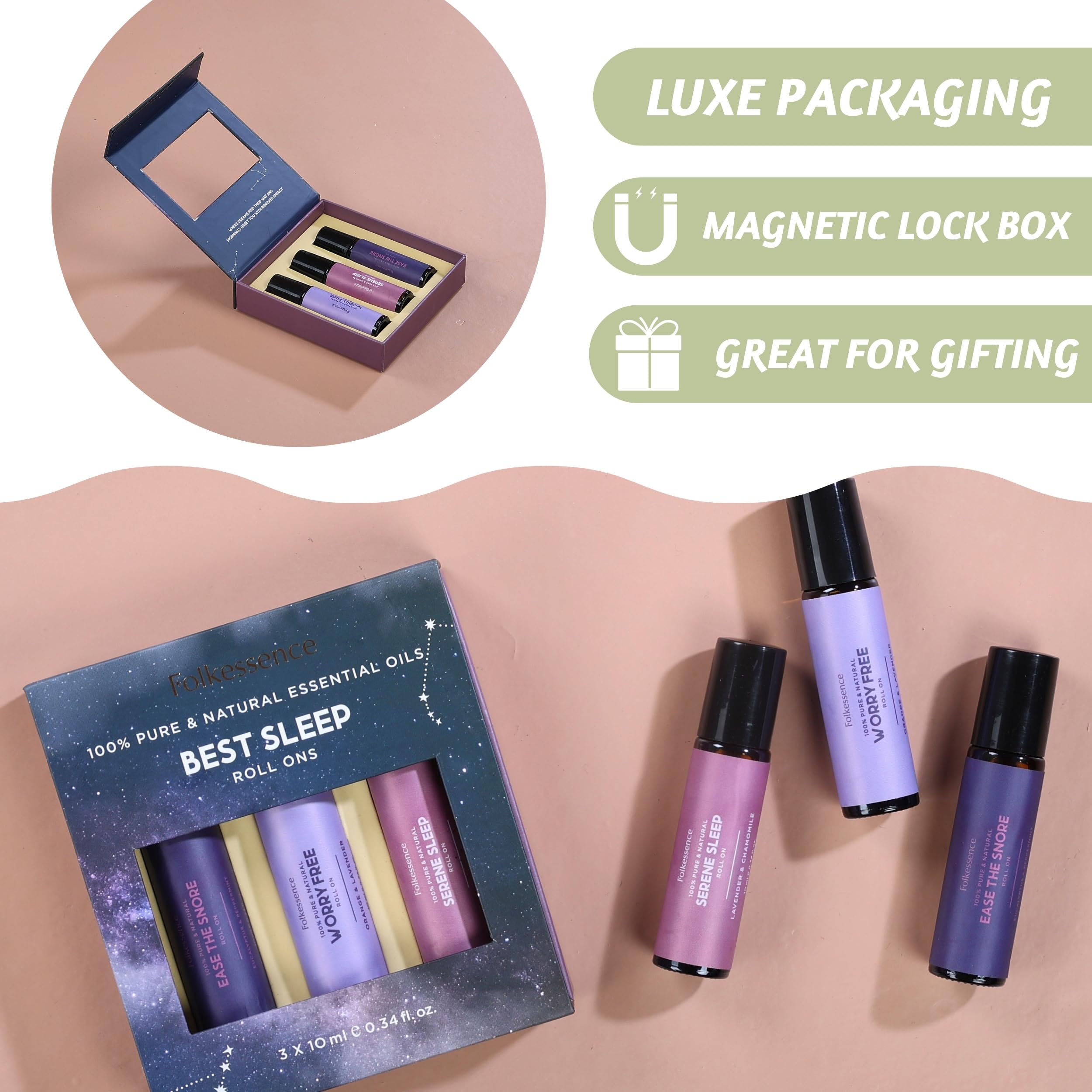 Folkulture Set of 3, 10ml Roll On Essential Oil Blend Best Sleep