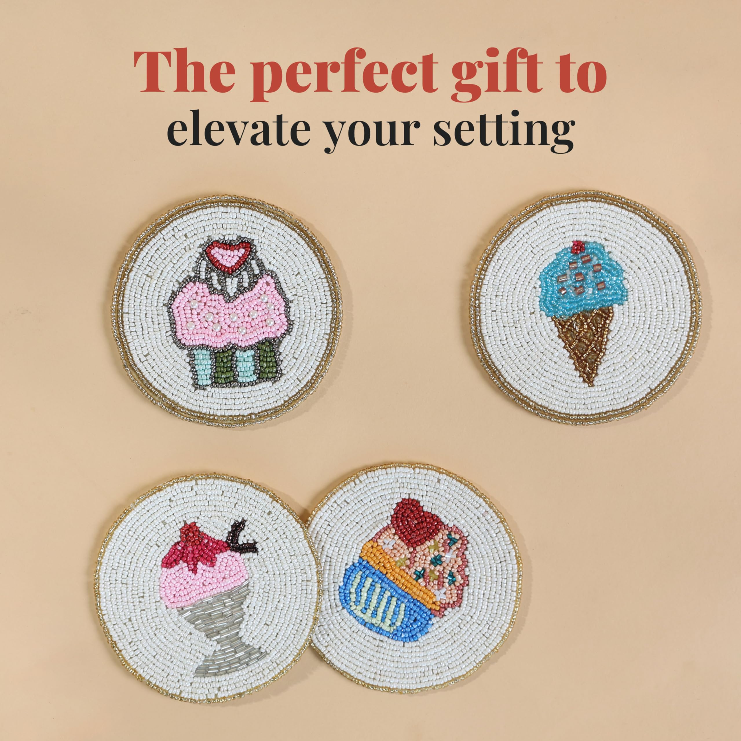 Folkulture Set of 4 Beaded Coasters 4" Round - Sugar Rush