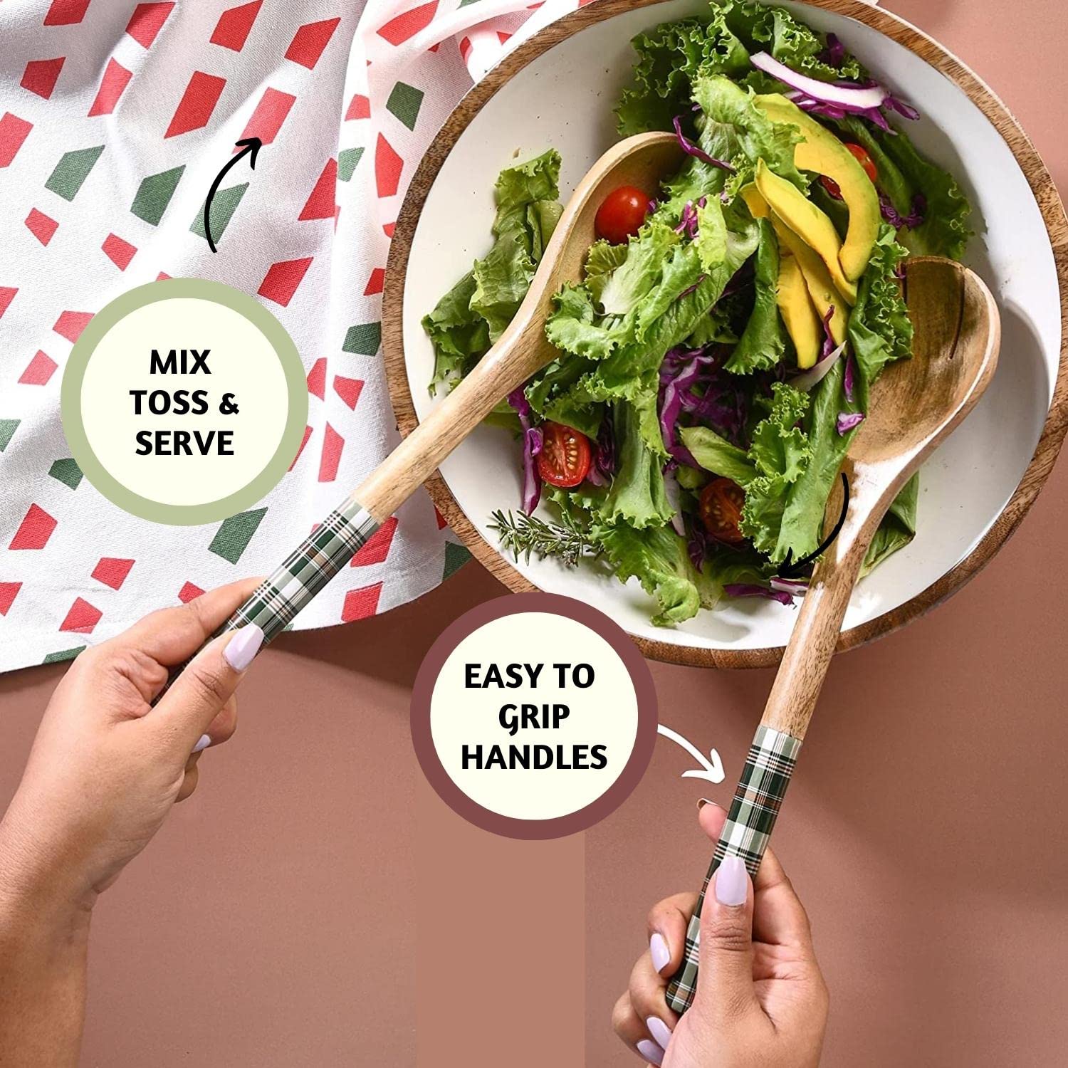 Folkulture Wooden Salad Server Green Checks