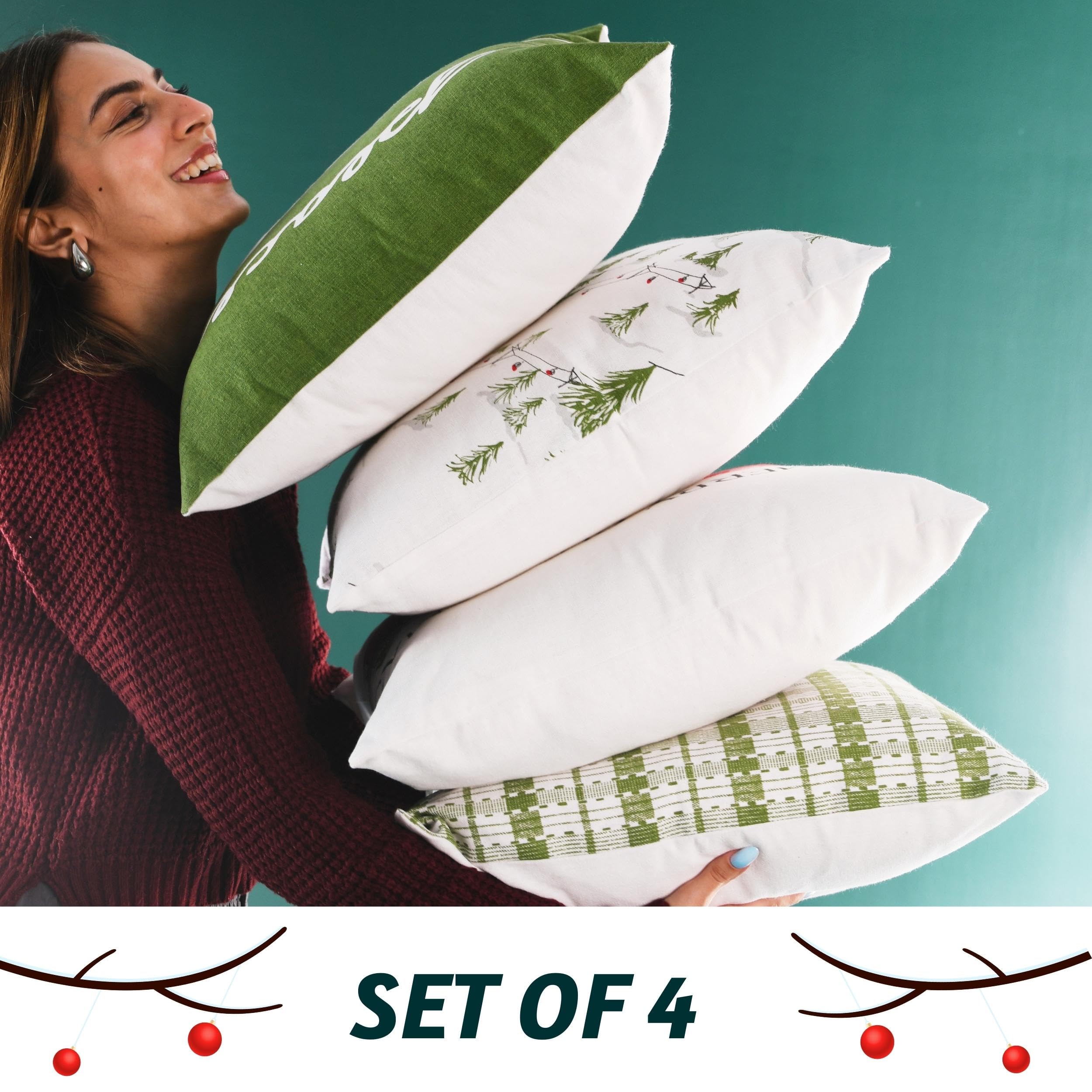 Folkulture 18" X 18" Set of 4 Cushion Covers Merry Christmas