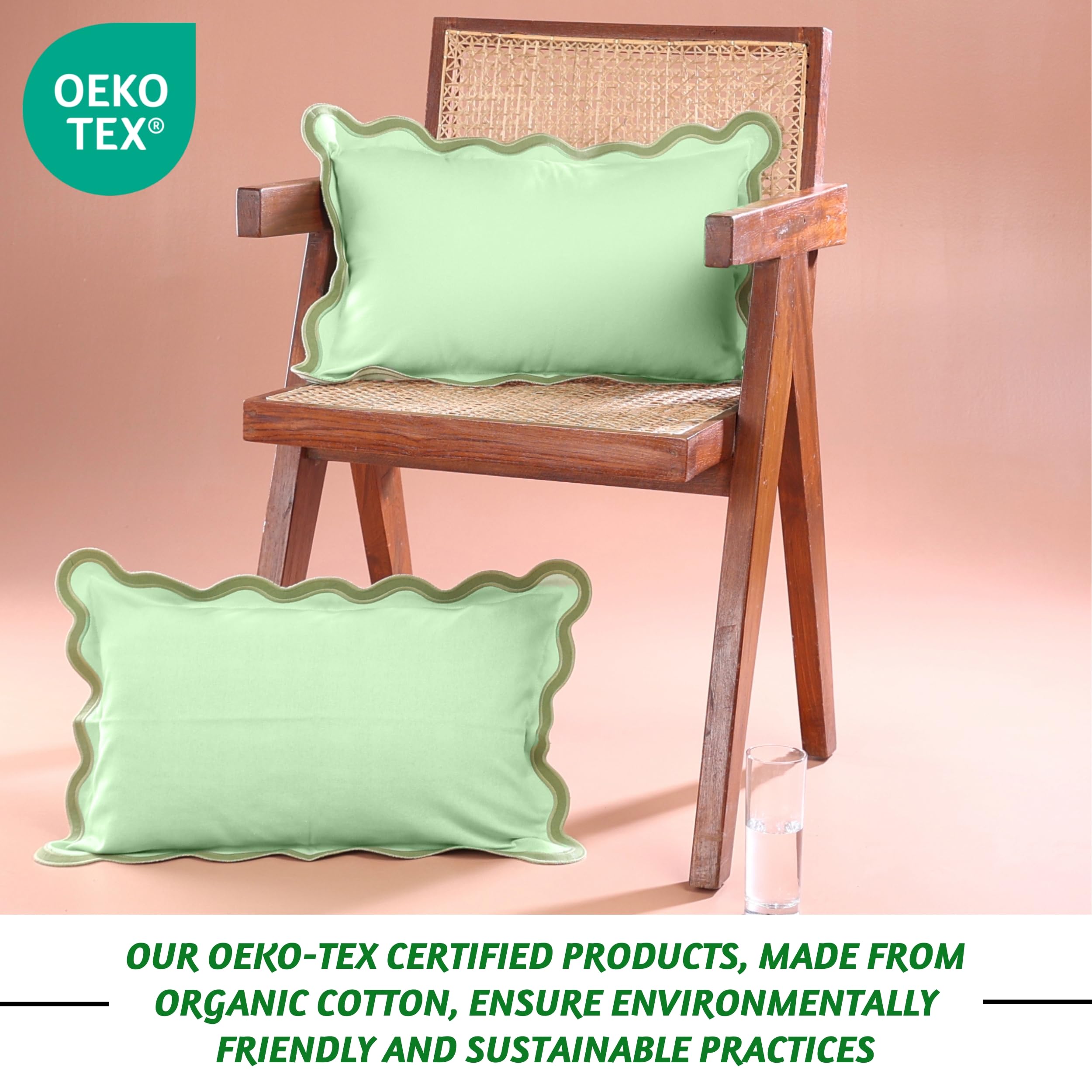 Folkulture 12 X 20" Set of 2 Cushion Cover Scallop Embroidery Oasis Forest Sage