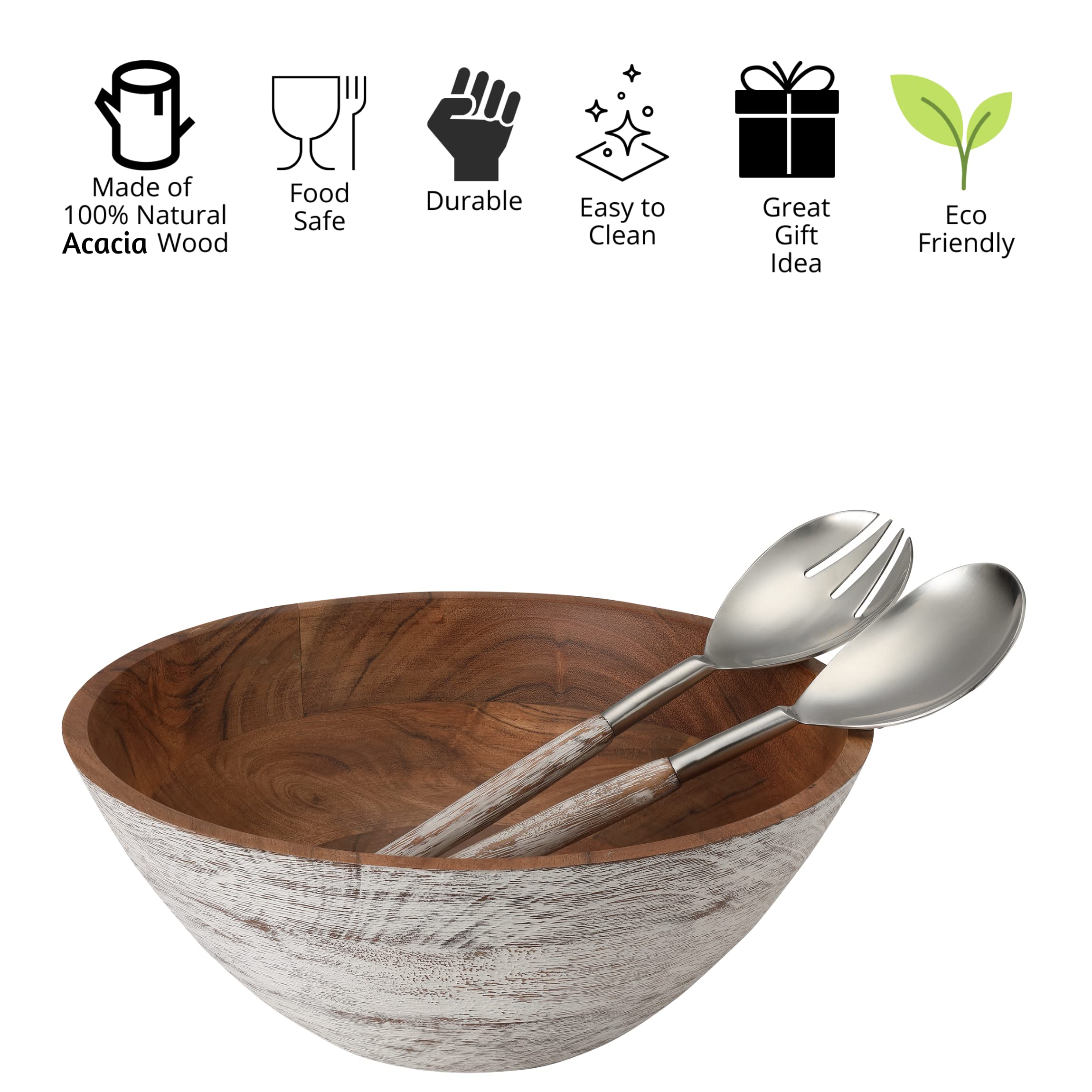 Folkulture Acacia Wood 12" Bowl with Steel Servers - White Wash Finish