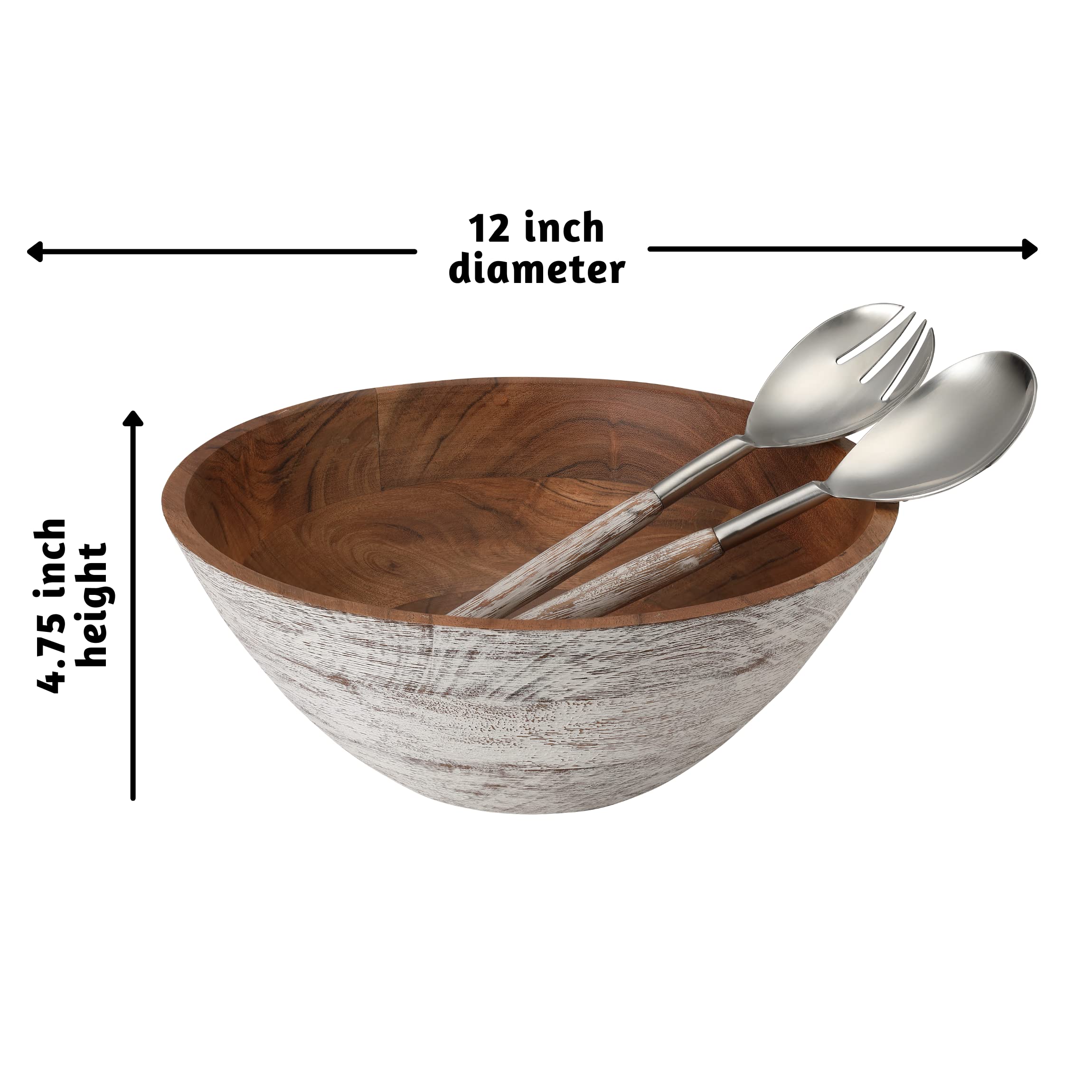 Folkulture Acacia Wood 12" Bowl with Steel Servers - White Wash Finish