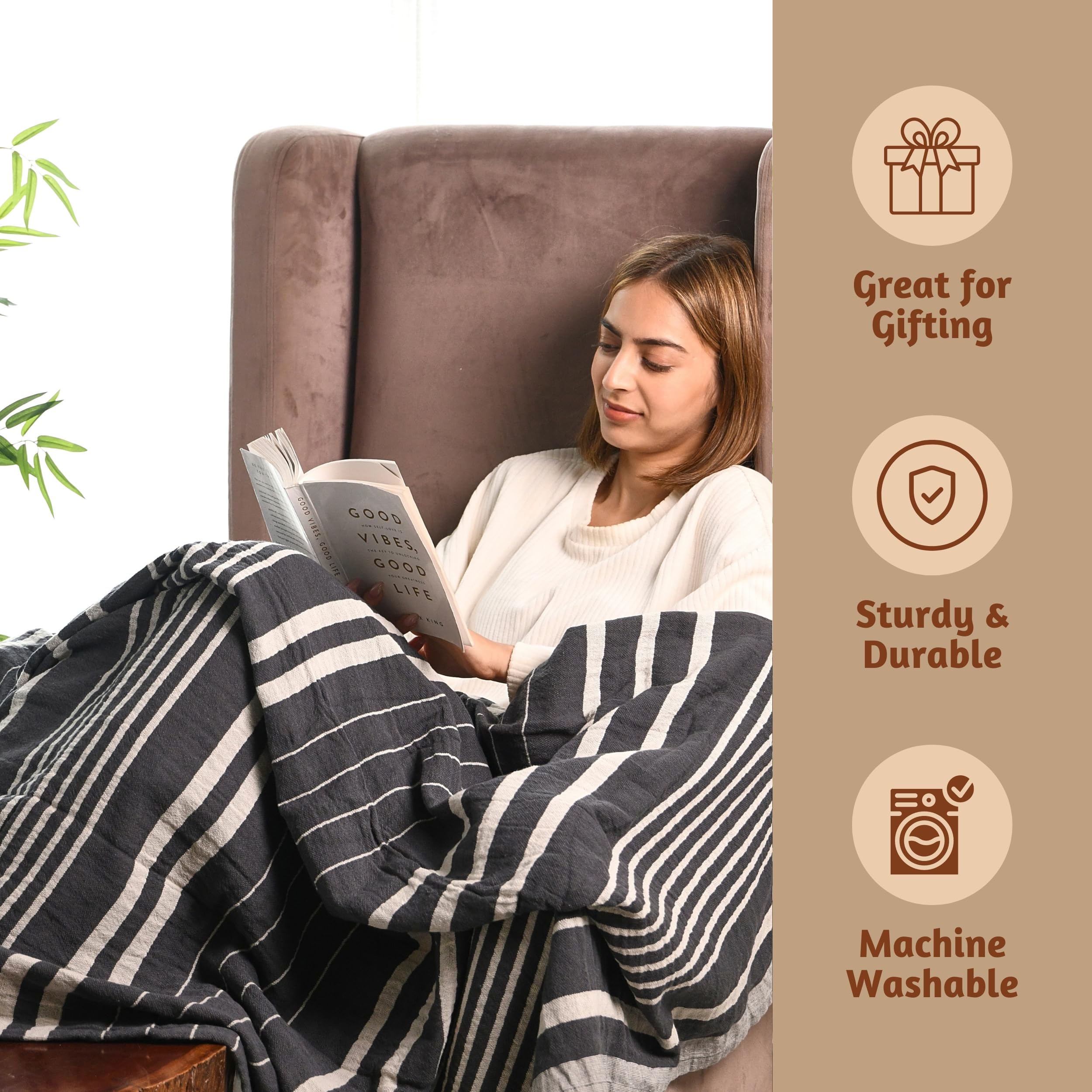 Folkulture 50 X 60" Throws 100% Recycled Cotton Double Cloth Stripe  - Steel Gray