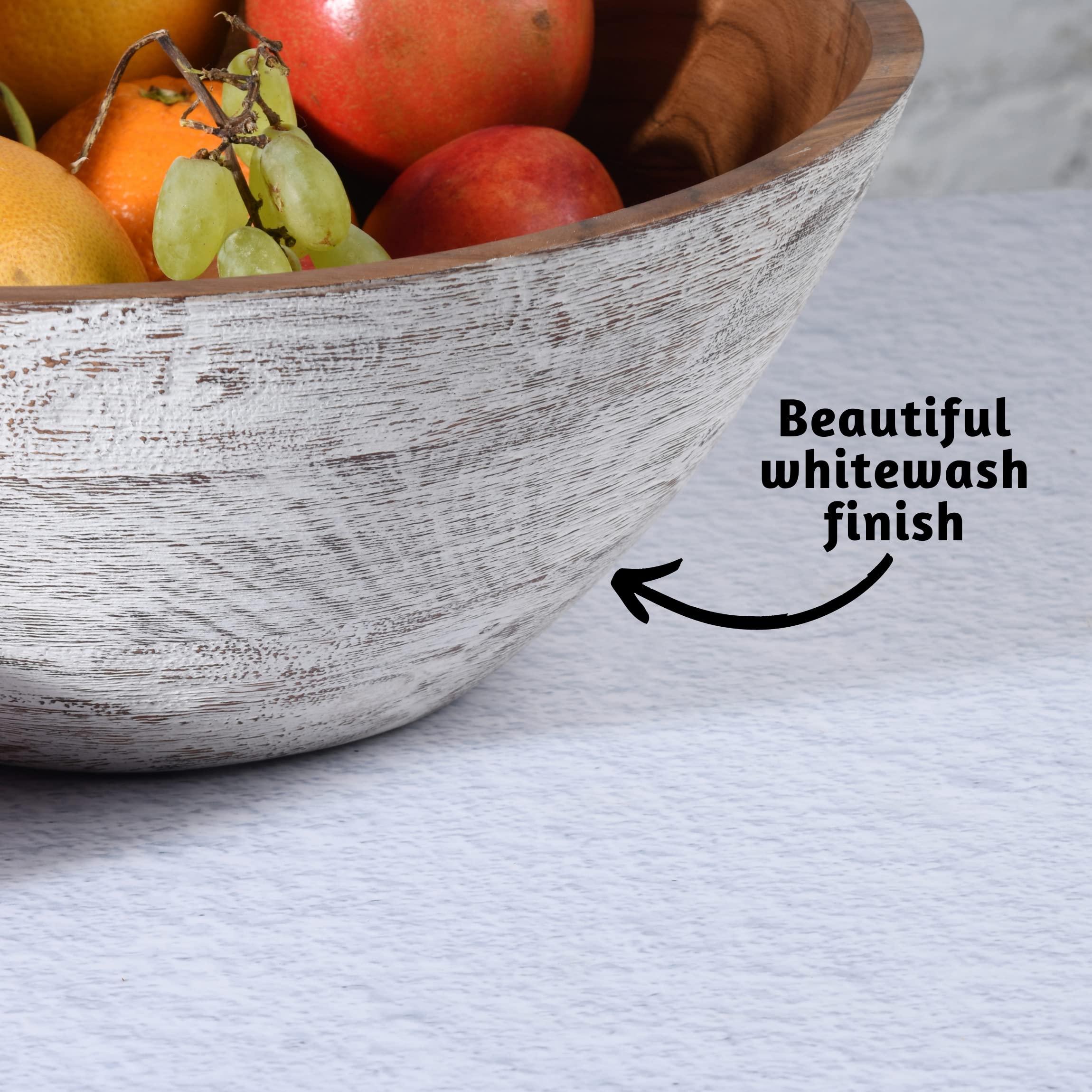 Folkulture Acacia Wood 12" Bowl with Steel Servers - White Wash Finish