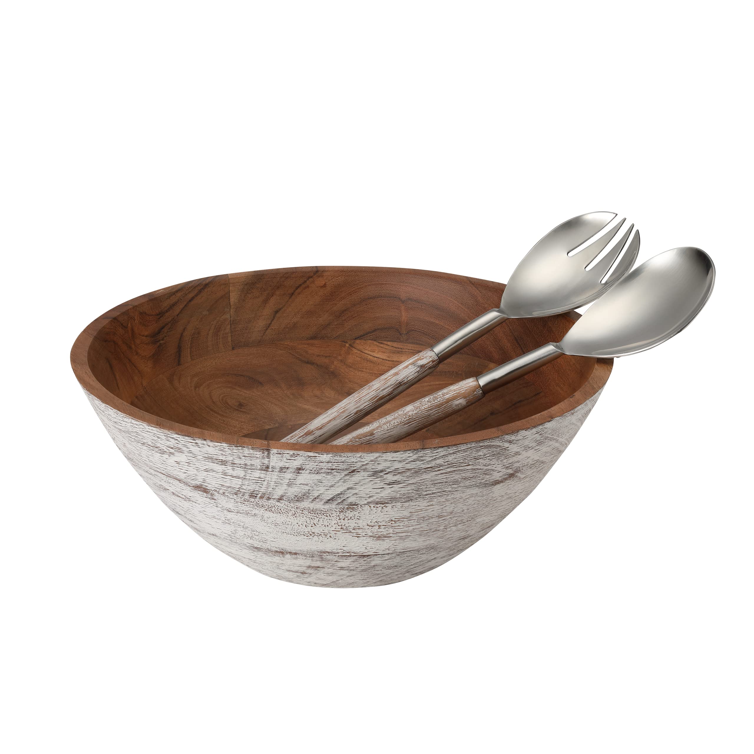 Folkulture Acacia Wood 12" Bowl with Steel Servers - White Wash Finish