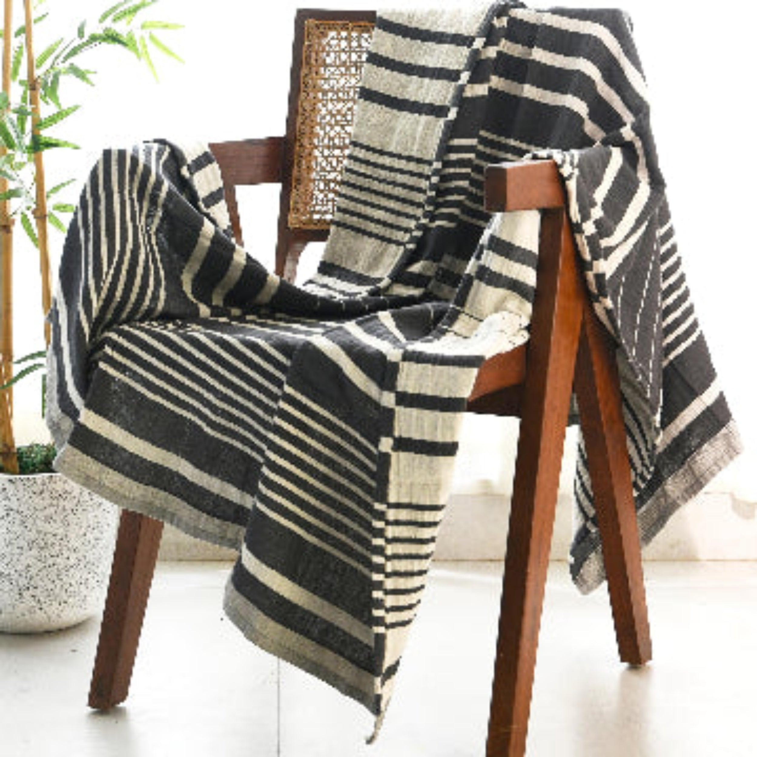 Folkulture 50 X 60" Throws 100% Recycled Cotton Double Cloth Stripe  - Steel Gray