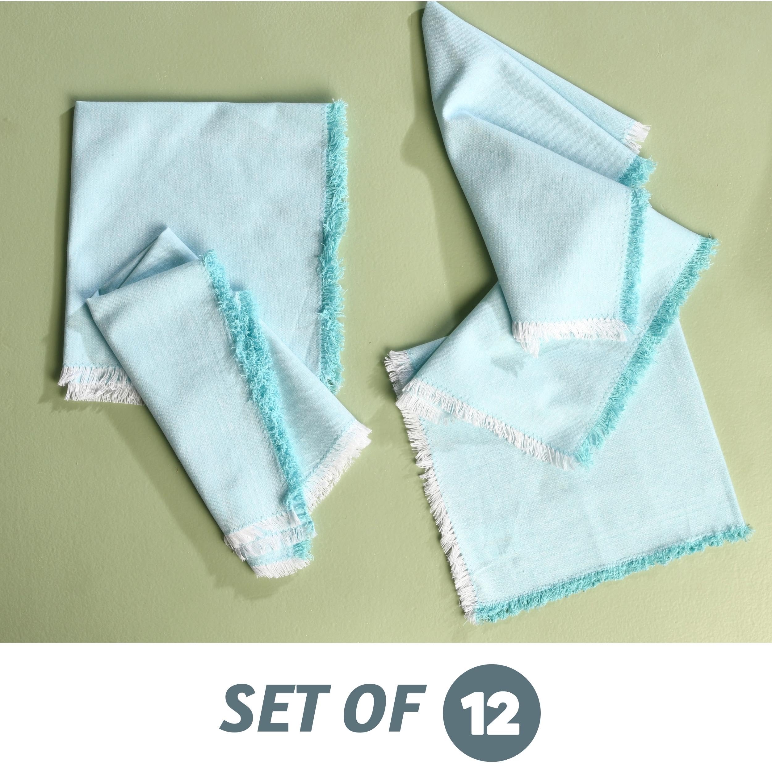 Folkulture Set of 12 Fringed Napkins Recycled Cotton - Cornflower blue