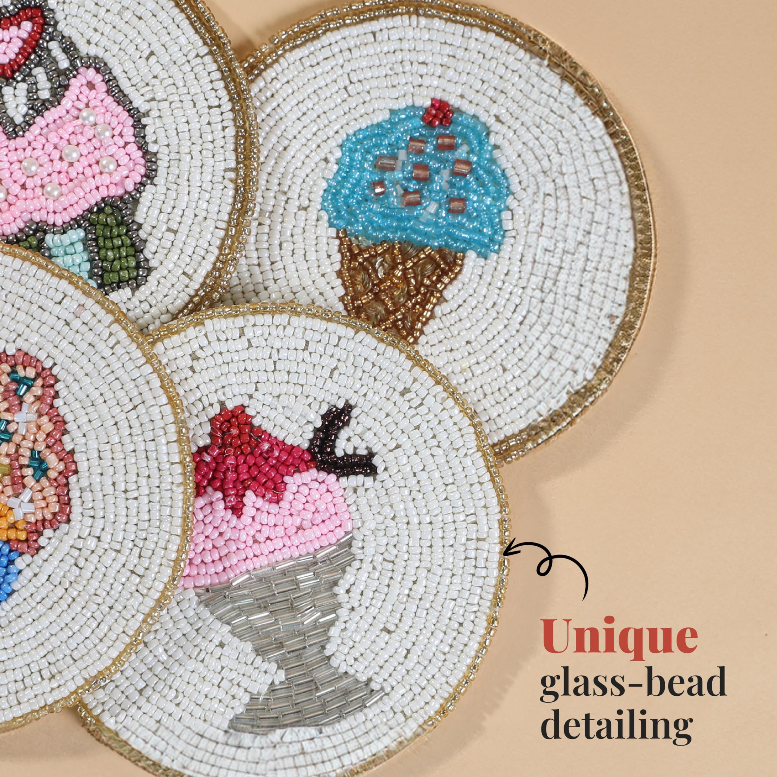 Folkulture Set of 4 Beaded Coasters 4" Round - Sugar Rush