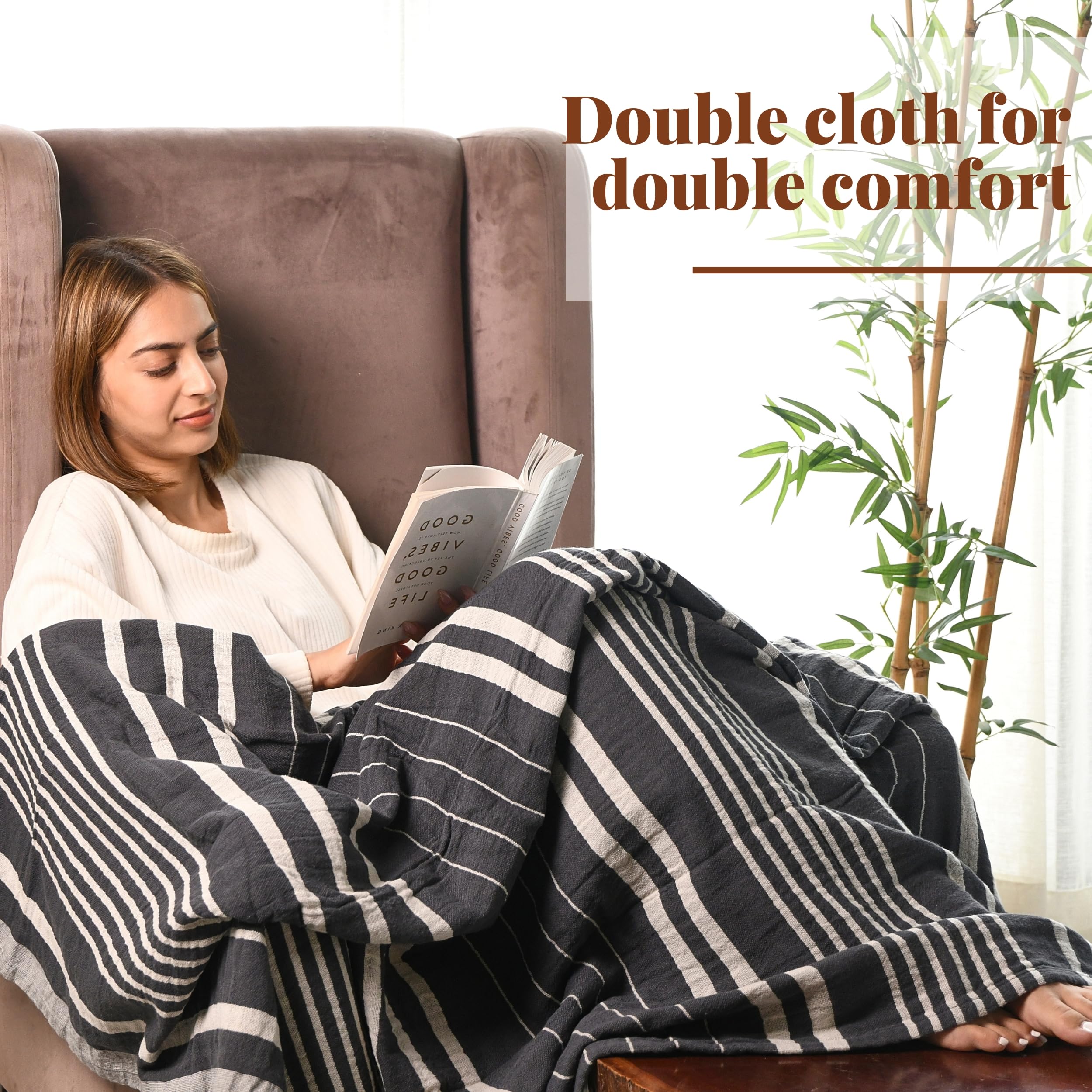 Folkulture 50 X 60" Throws 100% Recycled Cotton Double Cloth Stripe  - Steel Gray