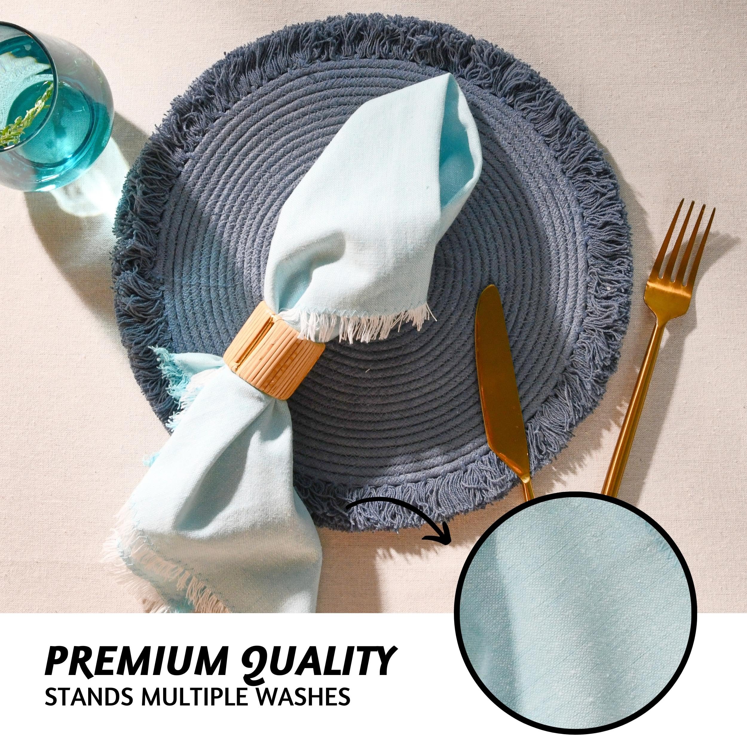Folkulture Set of 12 Fringed Napkins Recycled Cotton - Cornflower blue