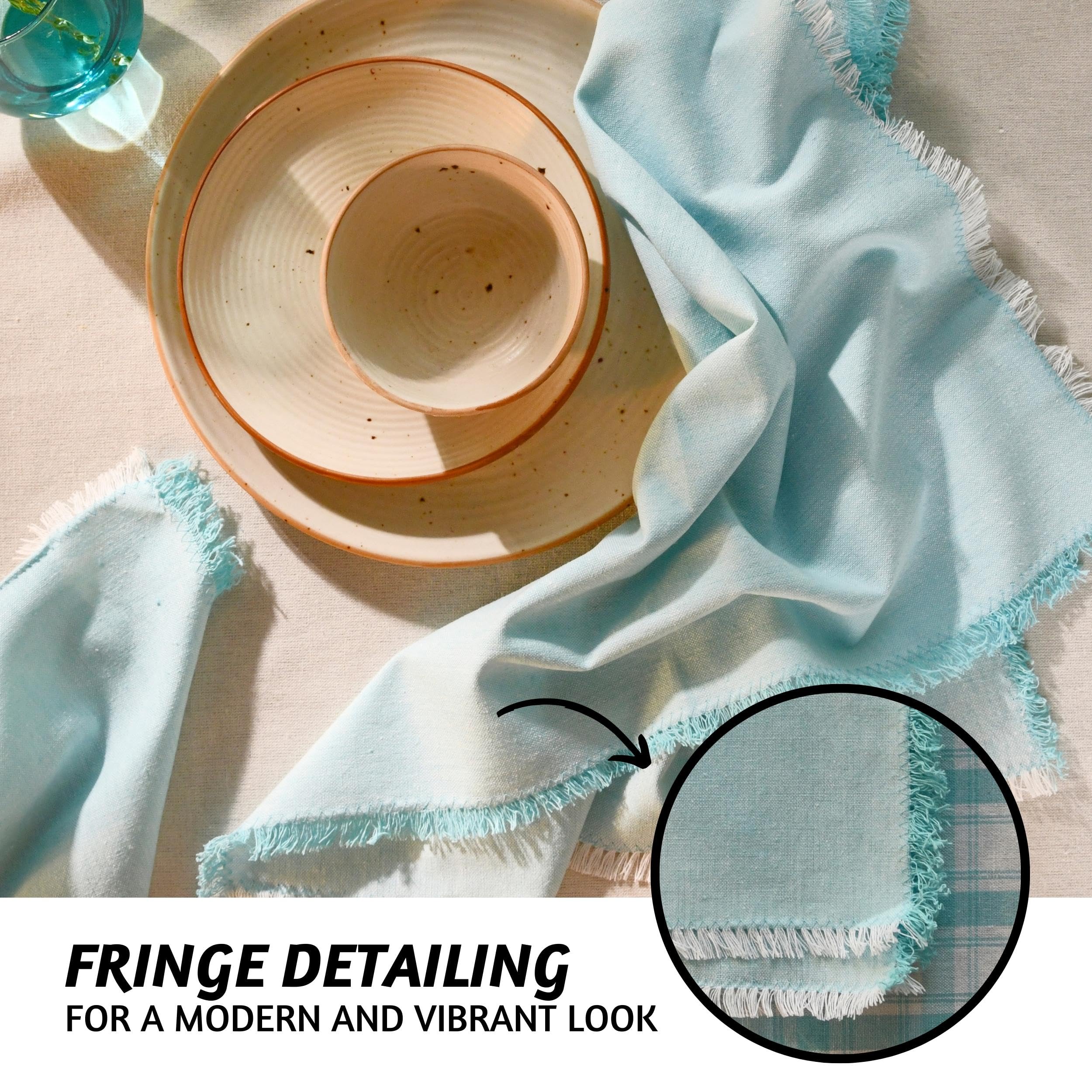 Folkulture Set of 12 Fringed Napkins Recycled Cotton - Cornflower blue