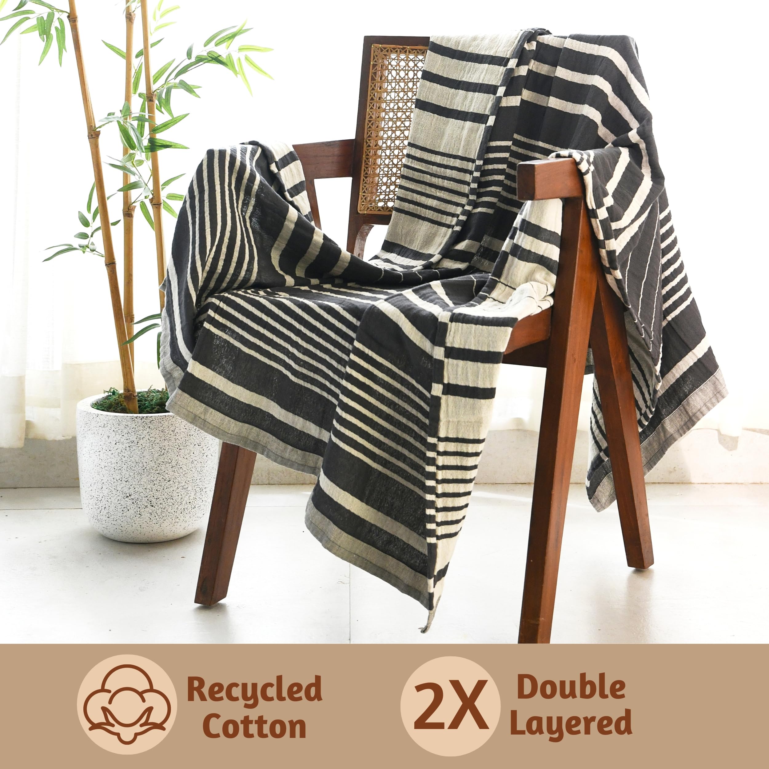 Folkulture 50 X 60" Throws 100% Recycled Cotton Double Cloth Stripe  - Steel Gray
